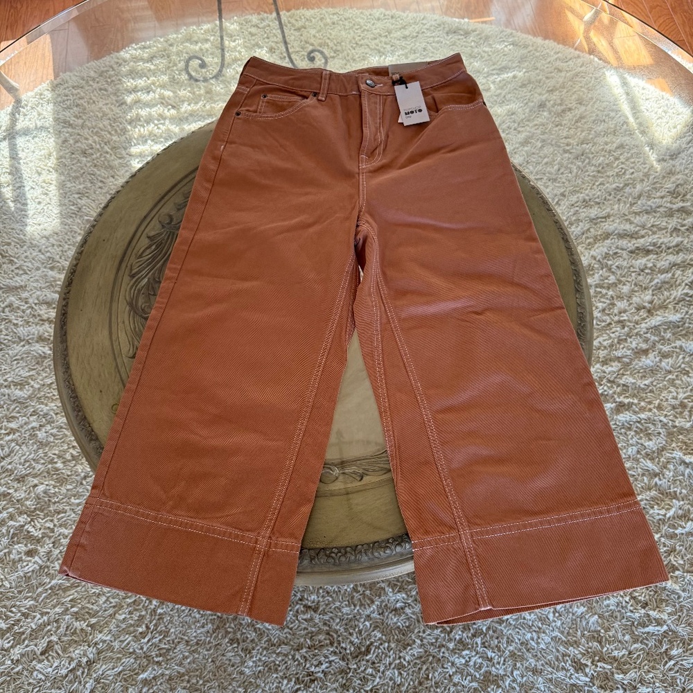 Topshop High Waisted Wide Leg Moto Cropped Pant Camel Boho Size 30 NWT
